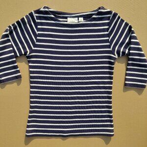 LL Bean navy blue white striped top elbow sleeves size XS Petite